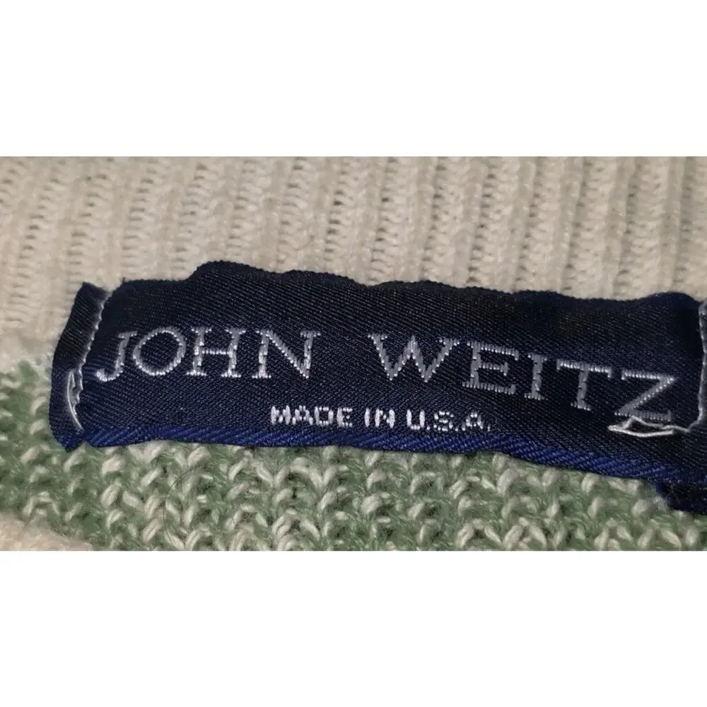 Vintage JOHN WEITZ Hand Framed Cotton Knitted Sweater Made In USA L Green/Cream - Picture 3 of 7